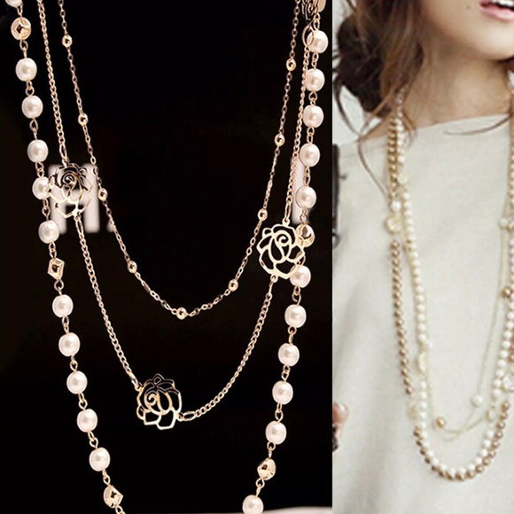 Multi layer Gold-tone Pearl Layered Necklace - Picture 2 of 8